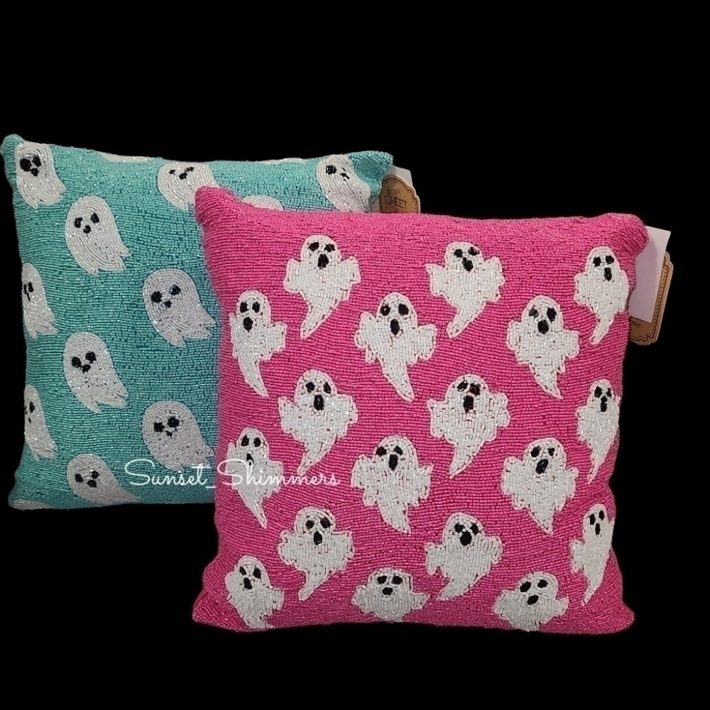 Pink Beaded GHOST Throw Pillow Decor 14" Halloween NEW - Picture 6 of 7